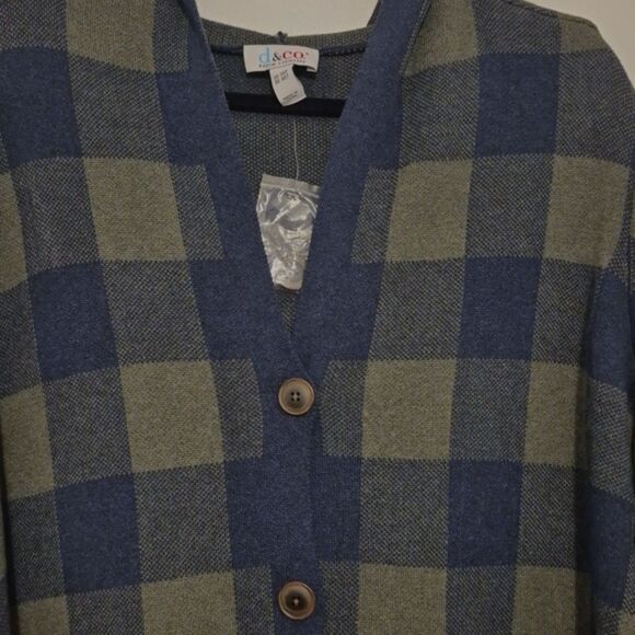 Denim & Co. Plaid Hooded Cardigan 3XP Blue Green Checker Button Front Cozy Knit - Picture 5 of 8